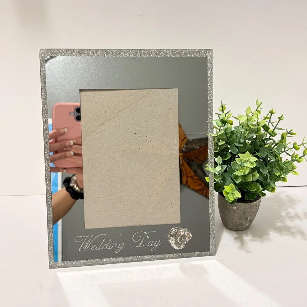 Wedding Picture Frame Mirror Silver Glitter Interlocking Rings Rhinestones 8x10